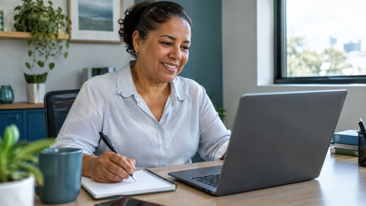 Empresária sorrindo durante uma videochamada de diagnóstico, anotando em um caderno