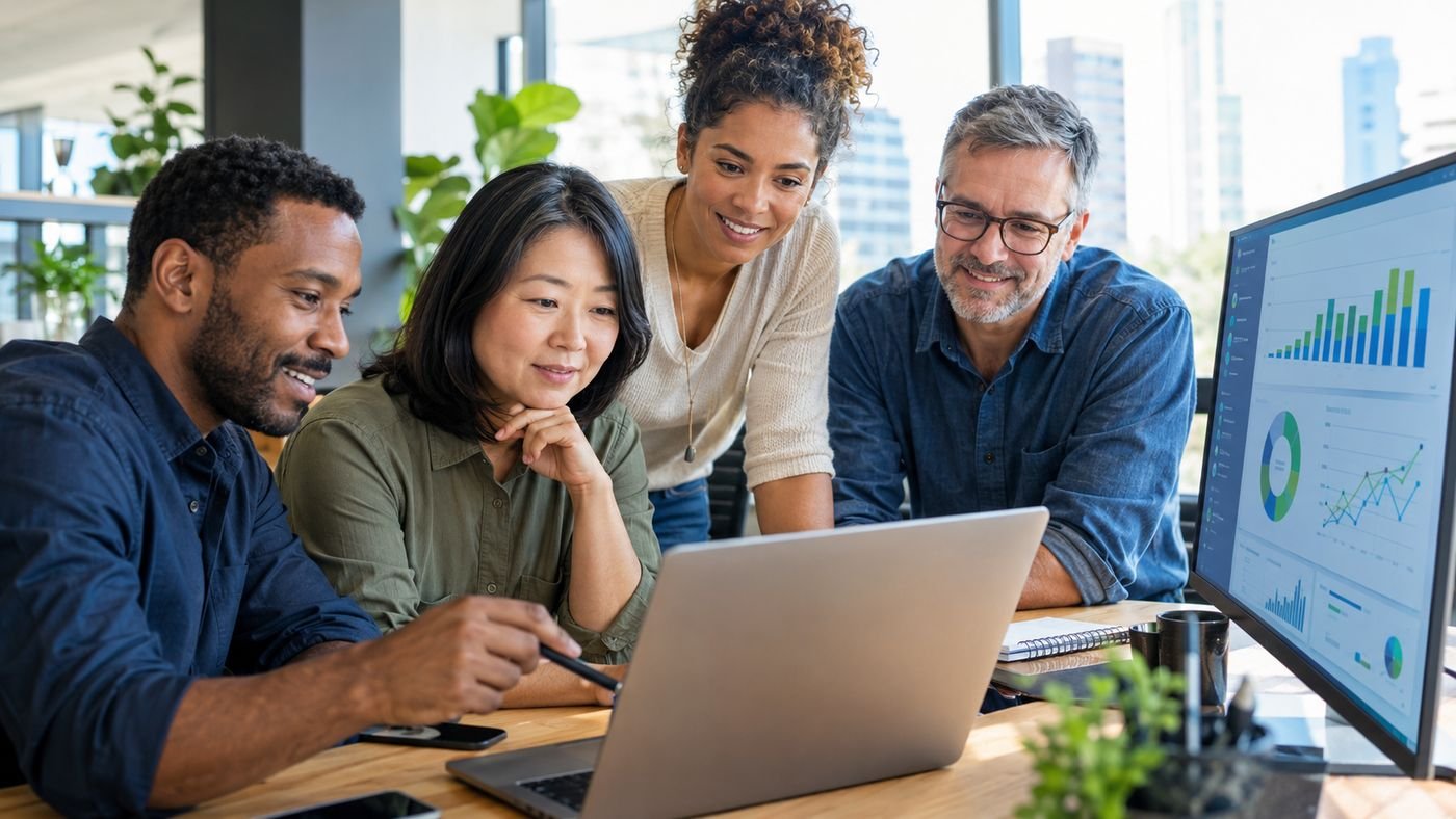 Equipe diversa reunida em volta de um notebook analisando indicadores