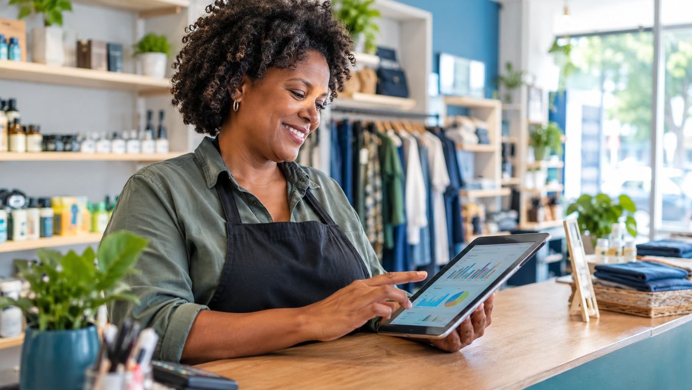Dona de loja sorrindo enquanto analisa gráficos de vendas em um tablet no balcão