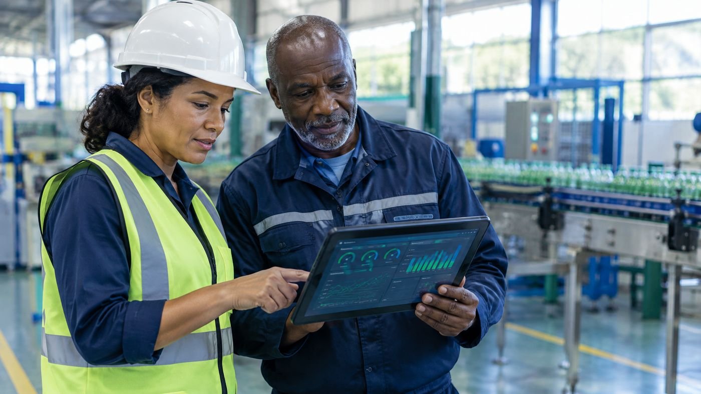 Engenheira de produção e operador experiente analisando um painel de indicadores em um tablet dentro de uma fábrica