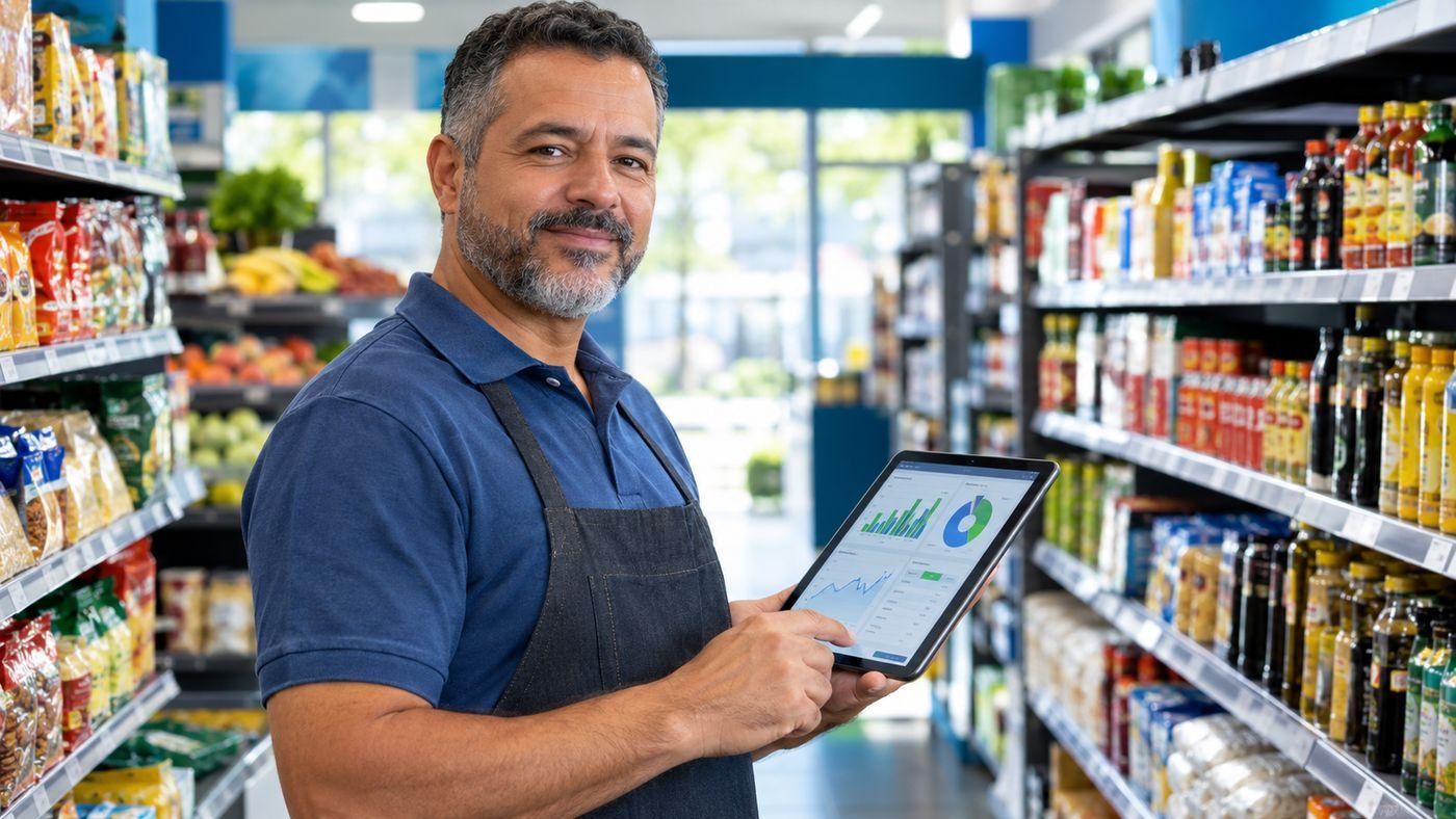 Dono de mercado de bairro com um tablet mostrando gráficos de estoque no corredor de gôndolas